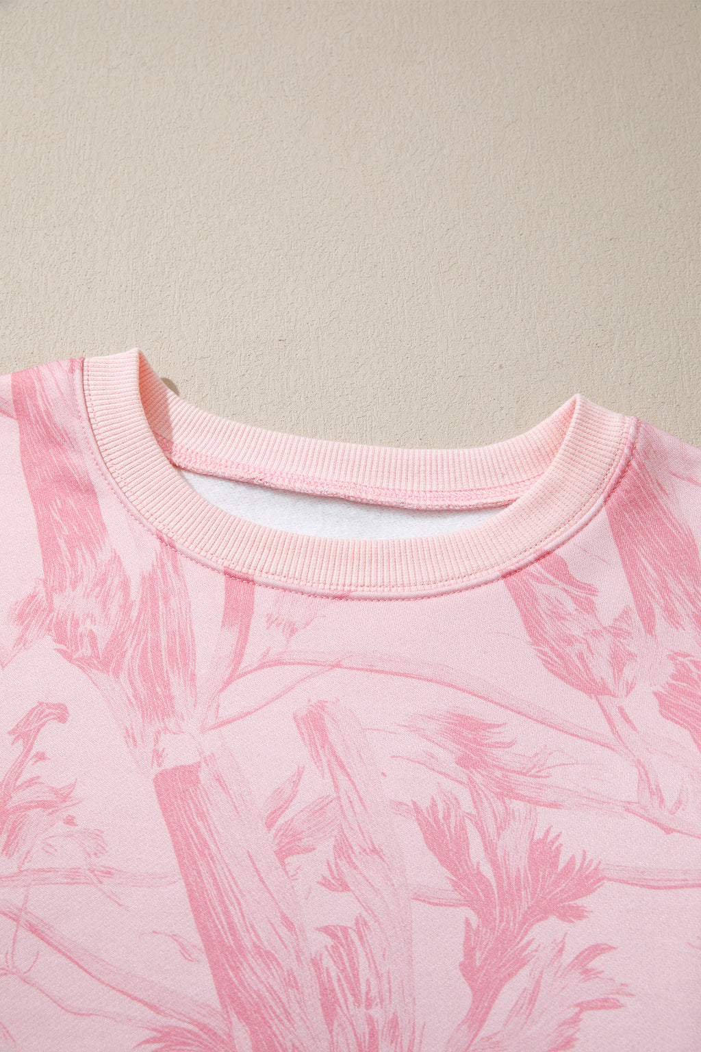 Pink Abstract Print Ribbed Crewneck Long Sleeve Top Elastic Waist Short Set