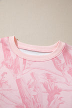 Pink Abstract Print Ribbed Crewneck Long Sleeve Top Elastic Waist Short Set