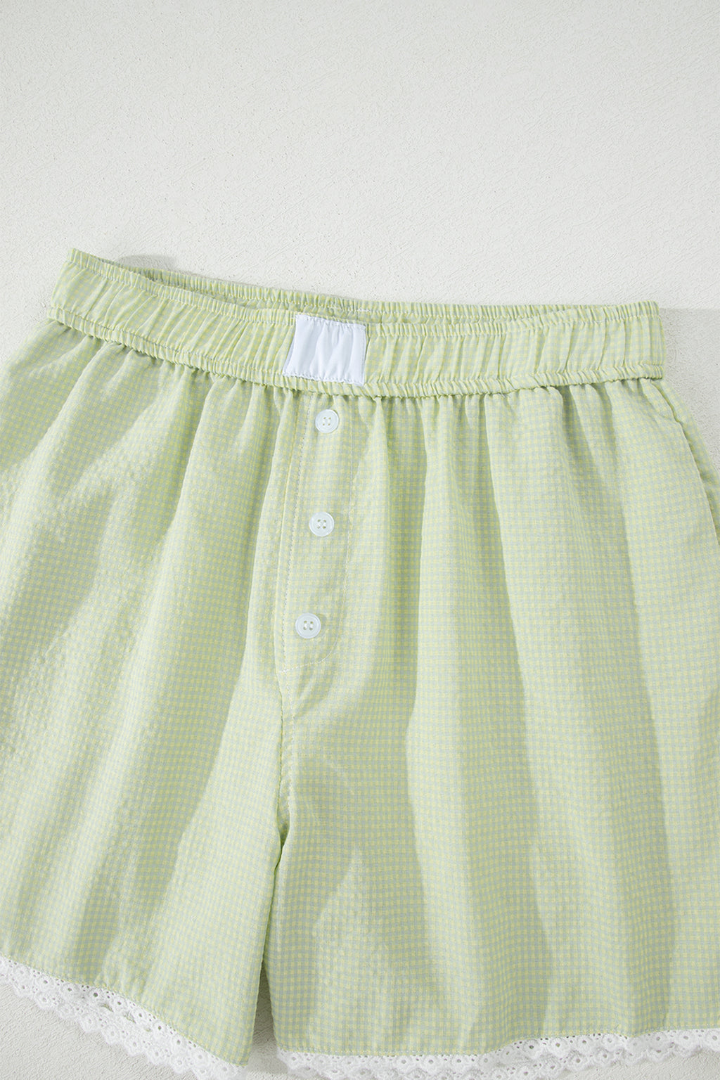 Green Gingham Plaid Button Detail Lace Trim Boxer Shorts