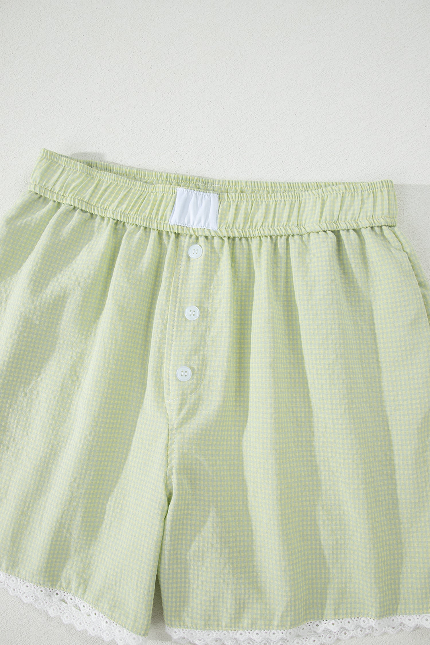 Green Gingham Plaid Button Detail Lace Trim Boxer Shorts