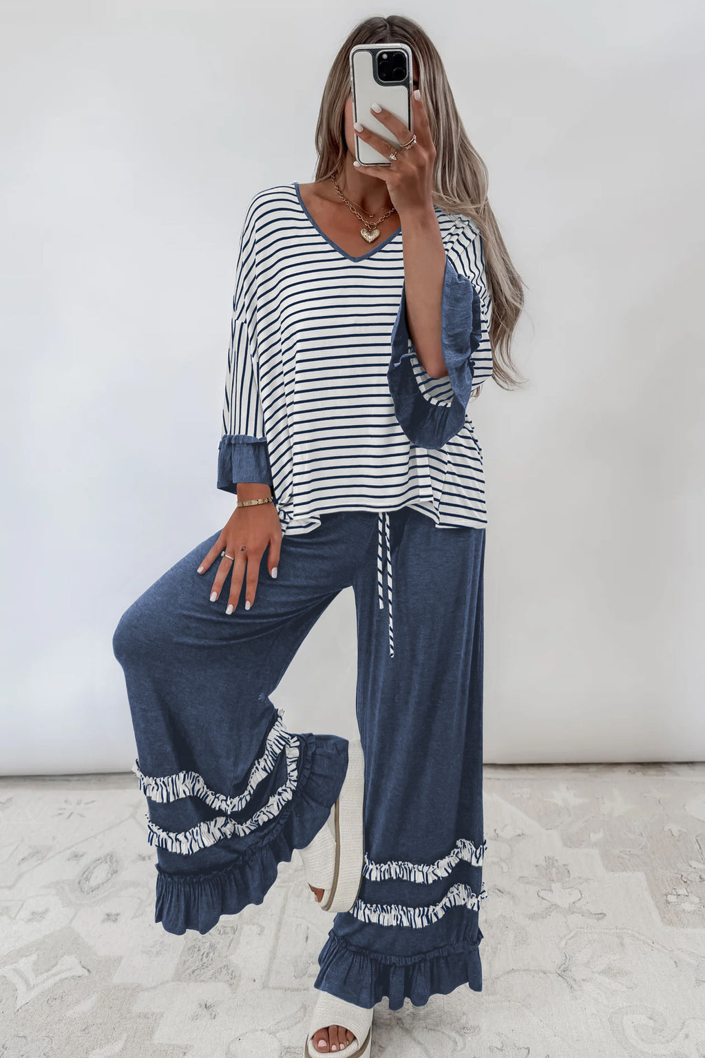 Blue stripe V-neck ruffle top and drawstring pants two-piece set by Dear-Lover, featuring contrast sleeves and stylish design.