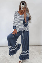 Blue stripe V-neck ruffle top and drawstring pants two-piece set by Dear-Lover, featuring contrast sleeves and stylish design.