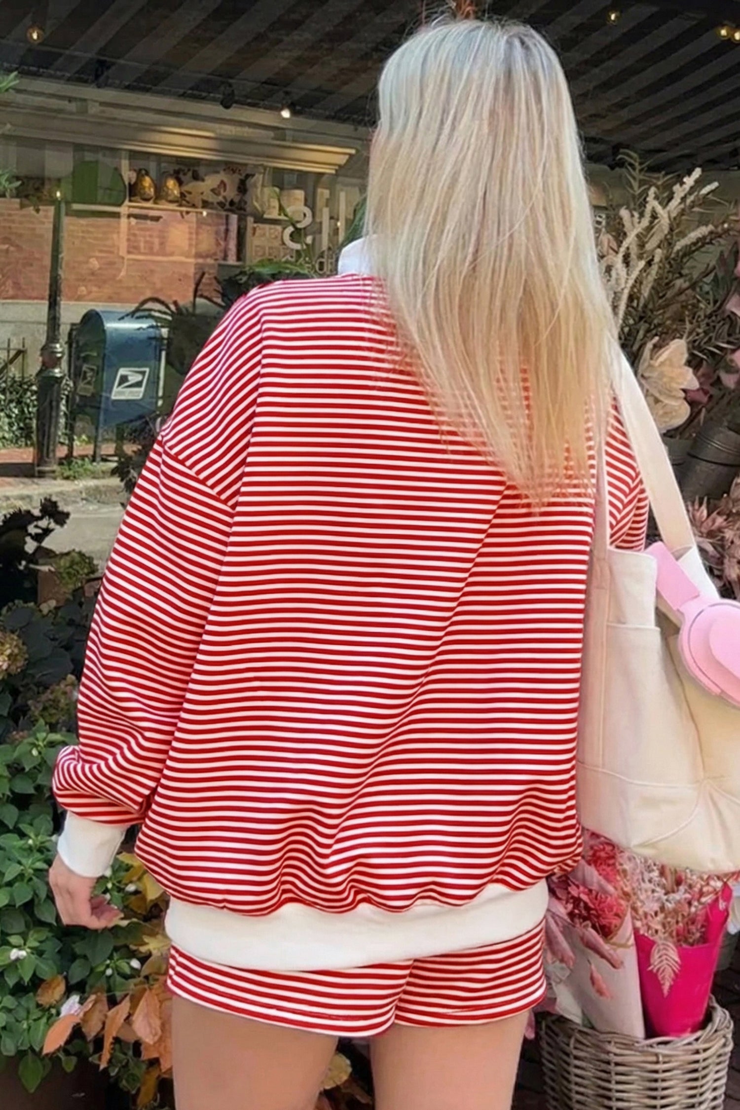 Red Stripe Oversize Mock Neck Sweatshirt and Shorts Set