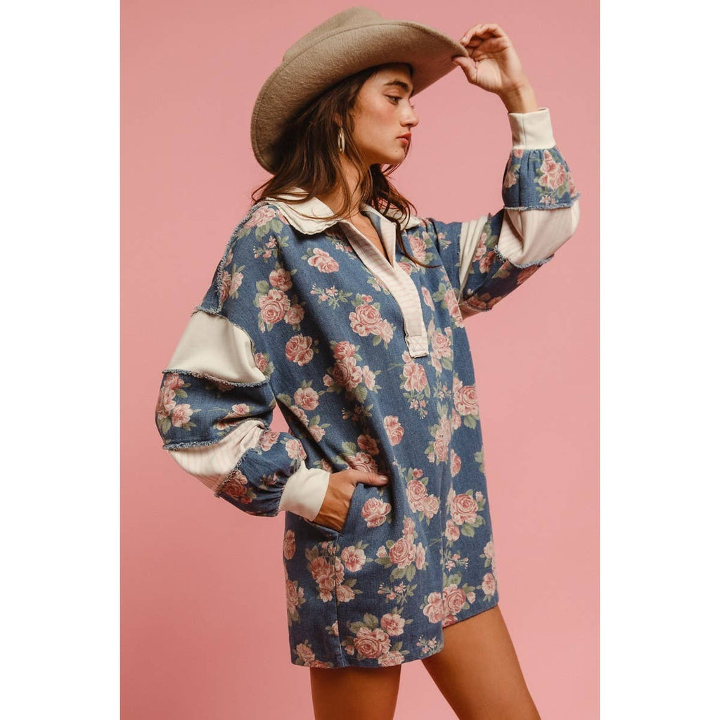 WASHED FLORAL DENIM ROMPER WITH CONTRAST COLLAR