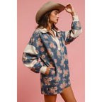 WASHED FLORAL DENIM ROMPER WITH CONTRAST COLLAR