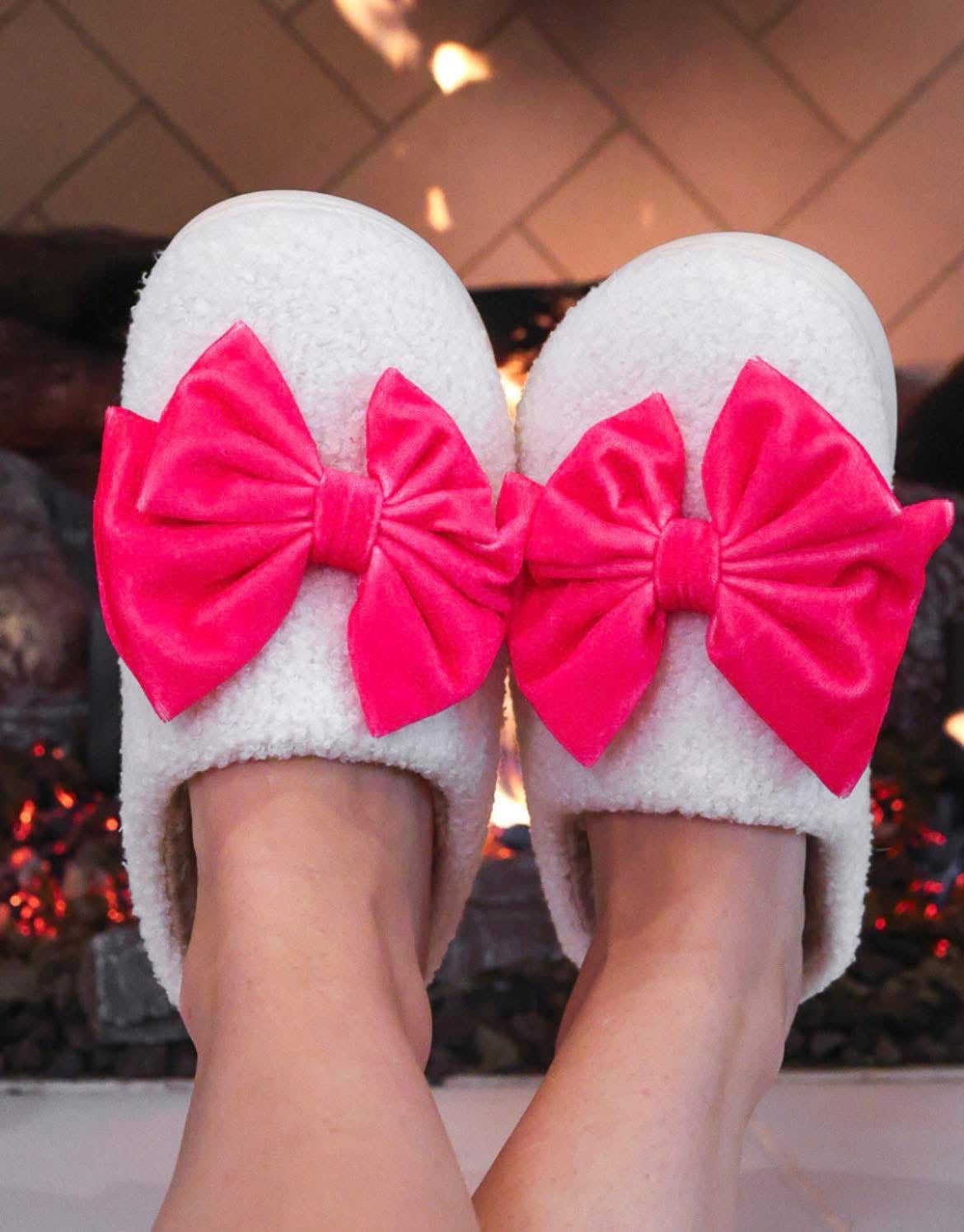 Hot Pink and White Bow Slippers