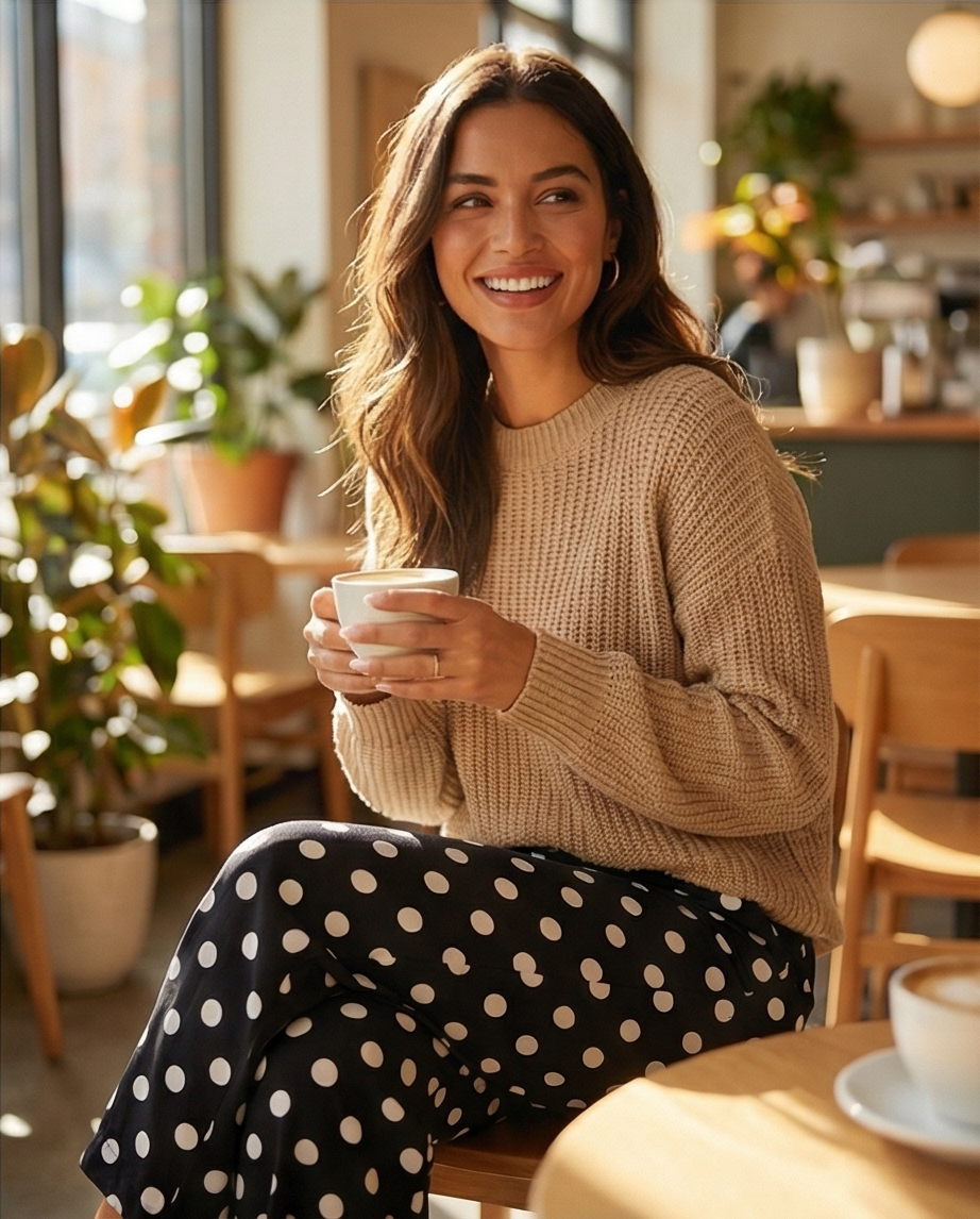 Black Polka Dot Print Patched Pocket Mid-rise Straight Leg Pants