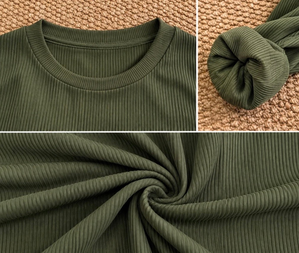 Comfort Co ribbed knit set from Back to Basics preorder collection, featuring a cozy, fitted top and matching pants in neutral tones.