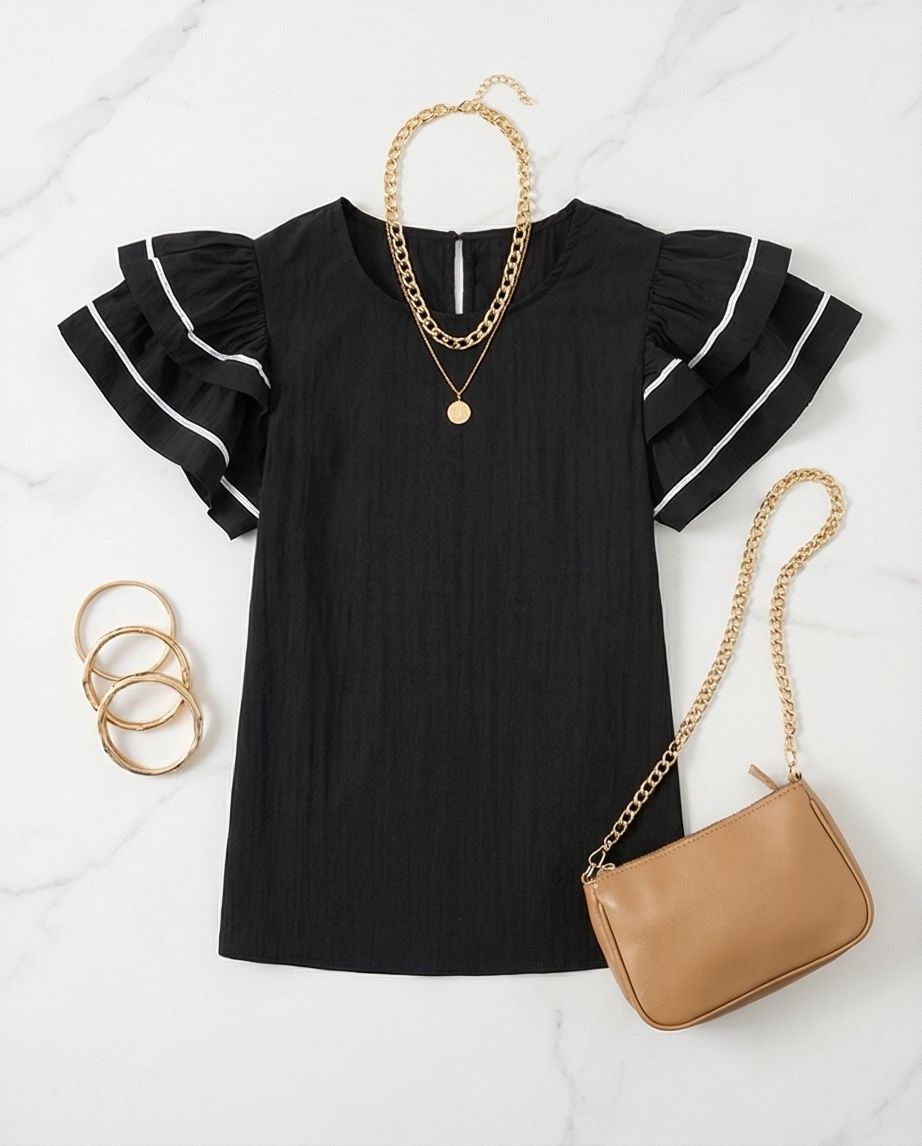 Black Contrast Trim Dual Ruffle Short Sleeve Textured Blouse