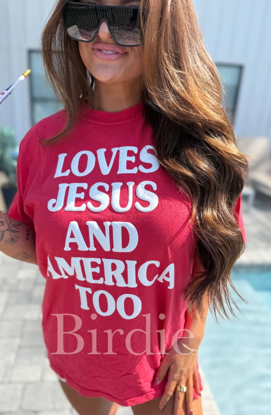 Loves Jesus & America Too Vinyl Graphic Tee on Paprika