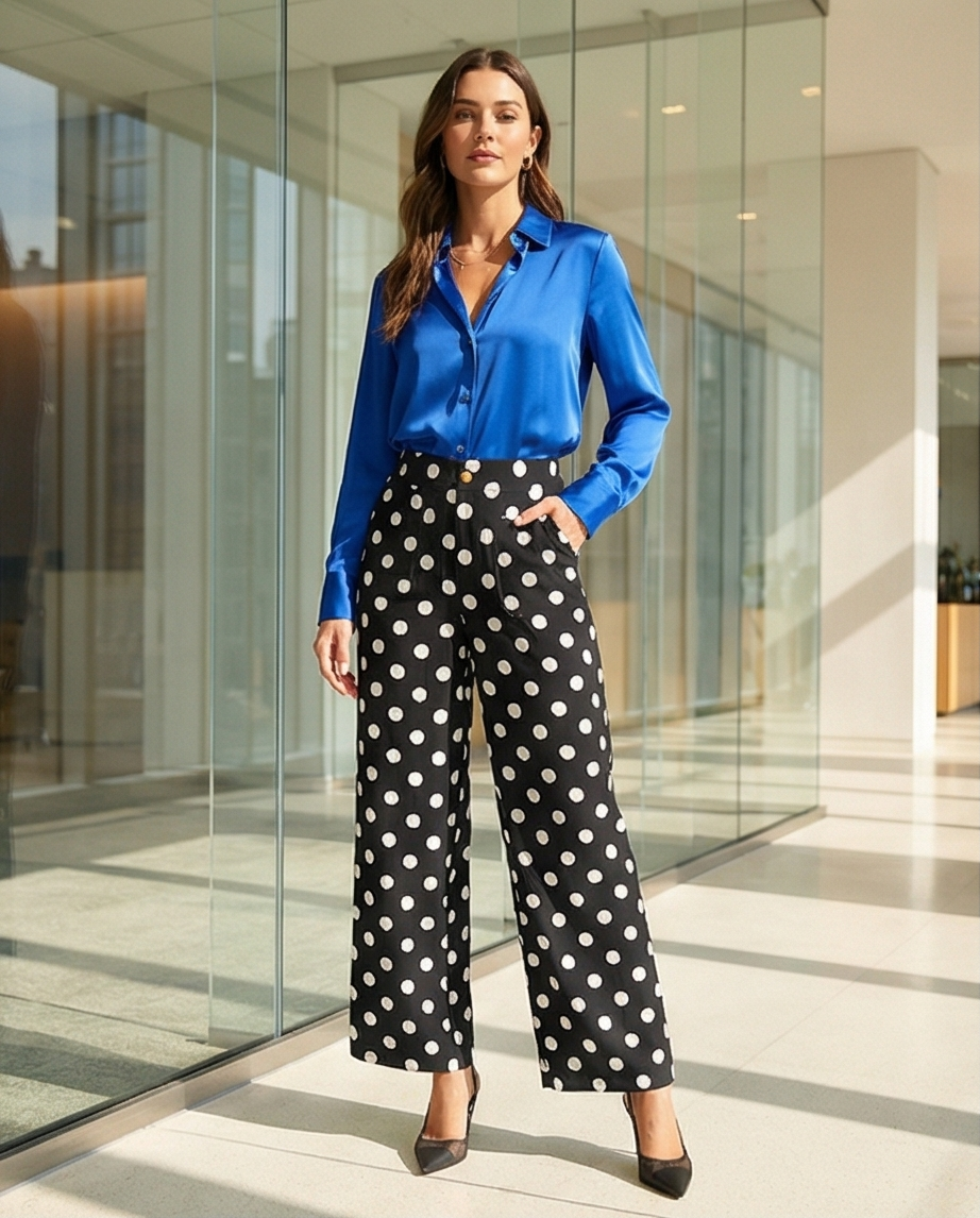 Black Polka Dot Print Patched Pocket Mid-rise Straight Leg Pants