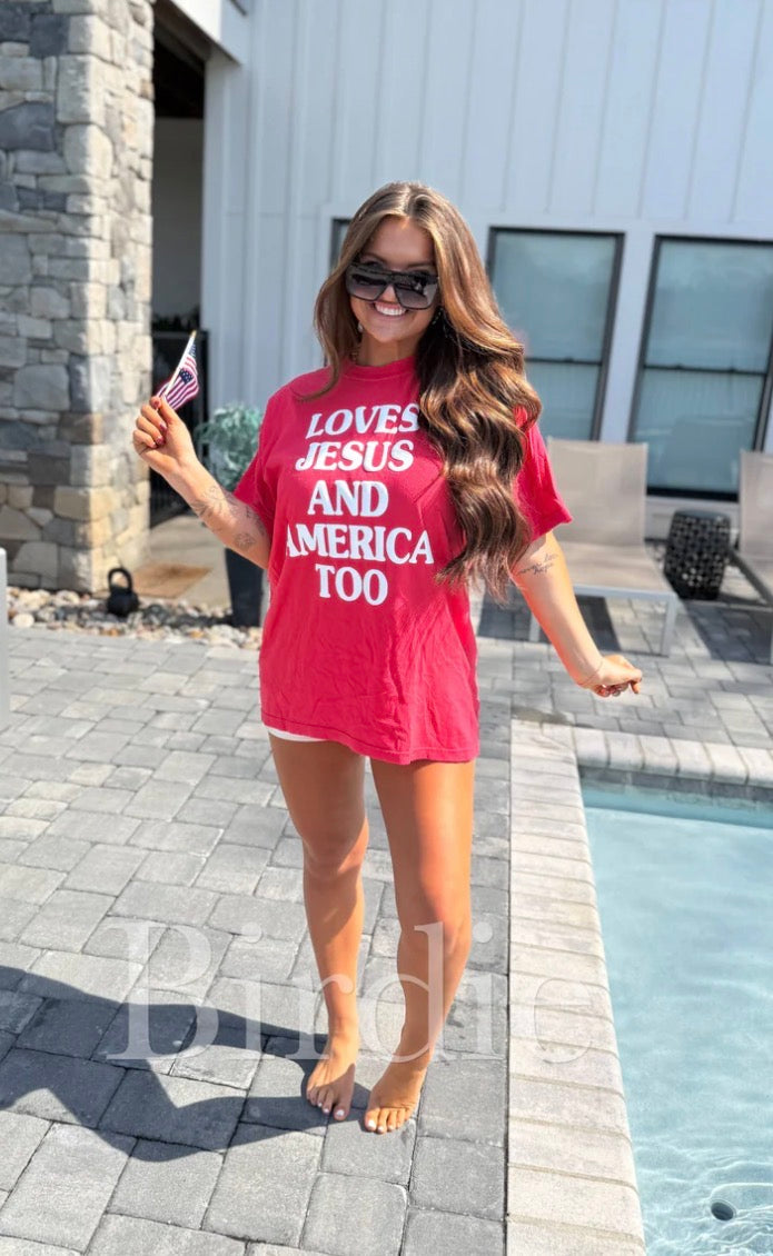 Loves Jesus & America Too Vinyl Graphic Tee on Paprika