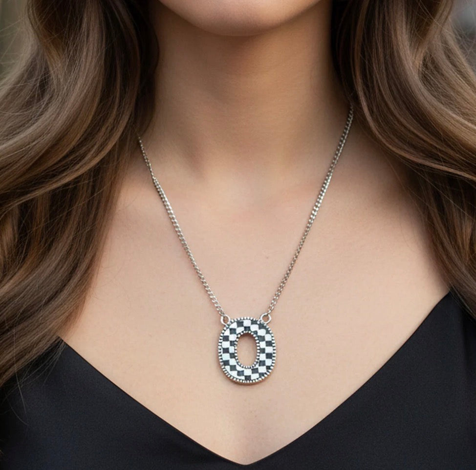 Checkered Initial Necklace - Black and White
