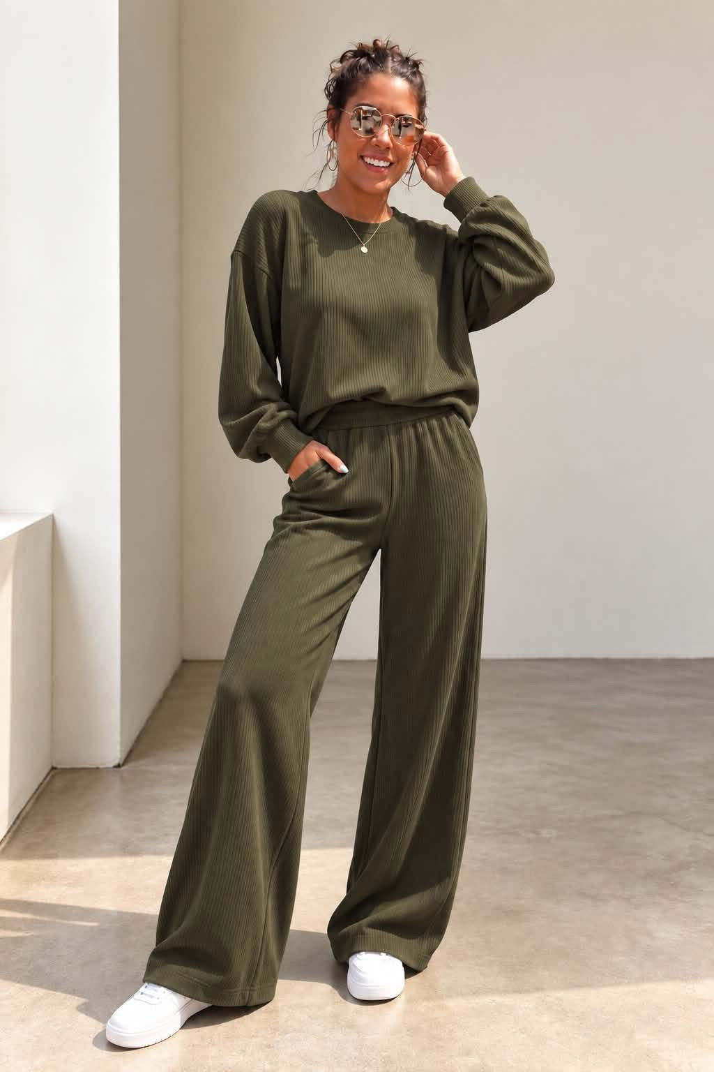 Comfort Co Back to Basics ribbed knit set with matching top and pants in soft, cozy fabric, perfect for casual wear.