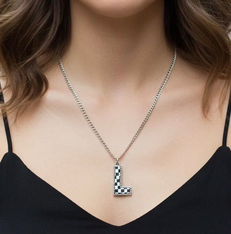 Checkered Initial Necklace - Black and White