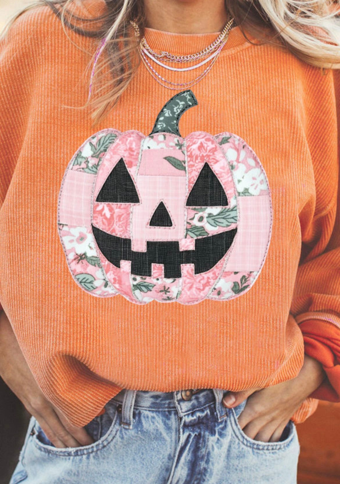 PreOrder: Orange Patchwork Pumpkin Graphic Corded Ribbed Round Neck Tunic Sweatshirt