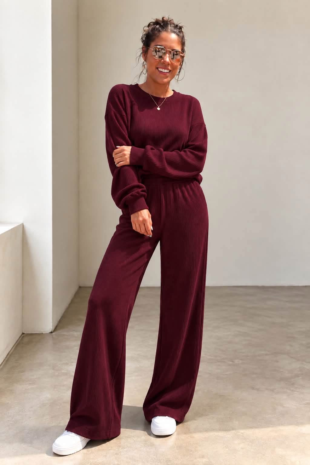 Comfort Co Back to Basics ribbed knit set featuring a cozy, fitted top and matching pants in soft ribbed fabric.