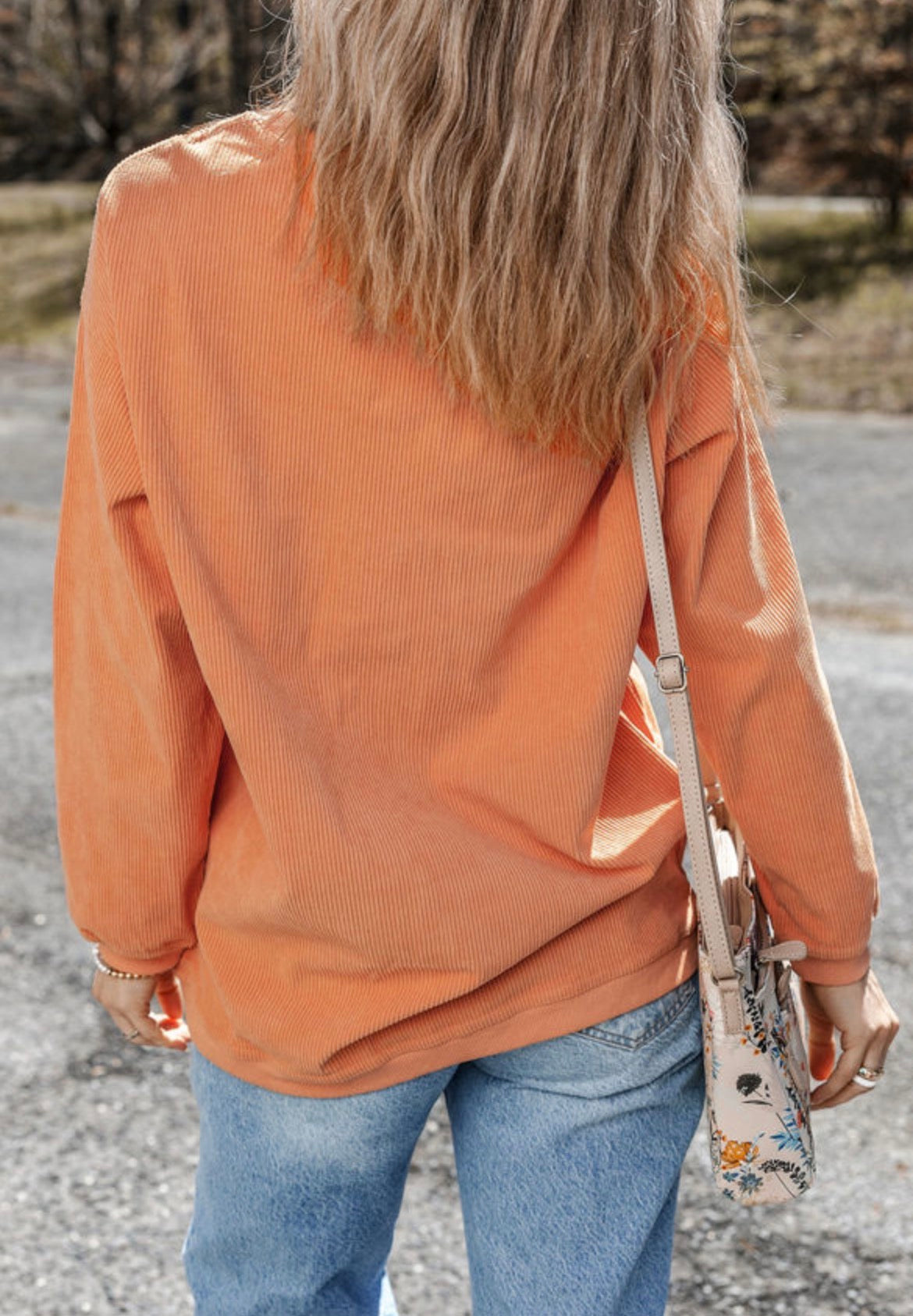PreOrder: Orange Patchwork Pumpkin Graphic Corded Ribbed Round Neck Tunic Sweatshirt