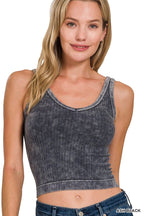 WASHED RIBBED SEAMLESS CROPPED V-NECK TANK TOP