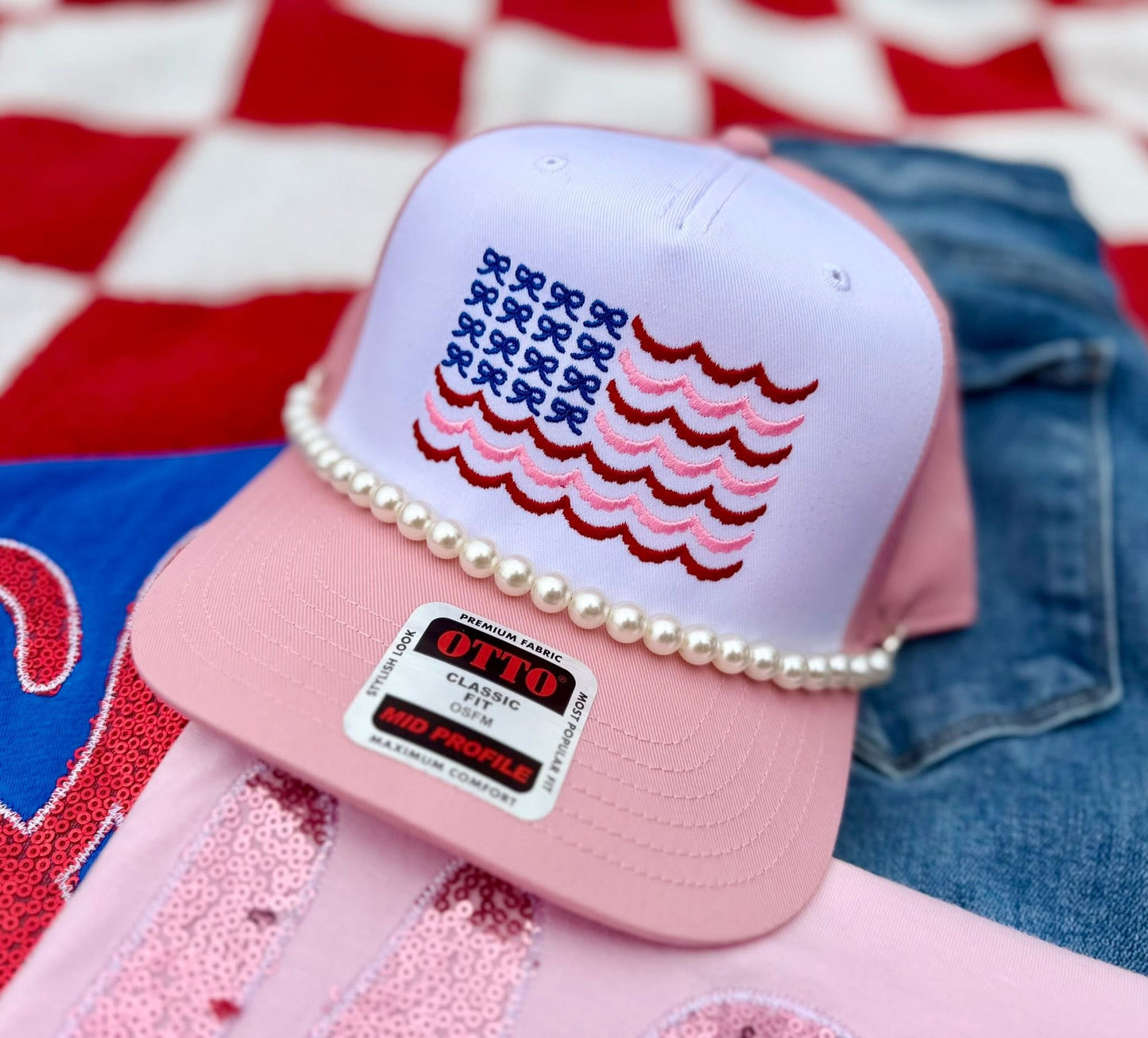 USA Bow Flag Hat with Pearl Chain