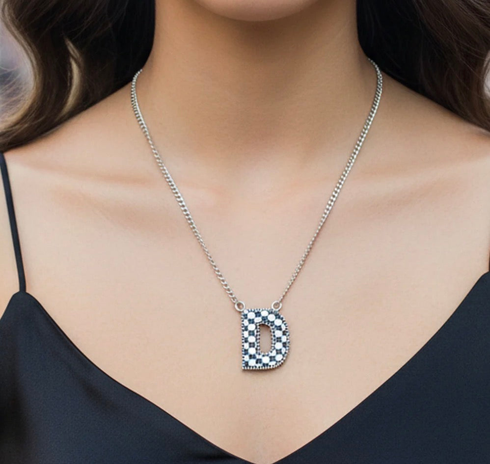 Checkered Initial Necklace - Black and White