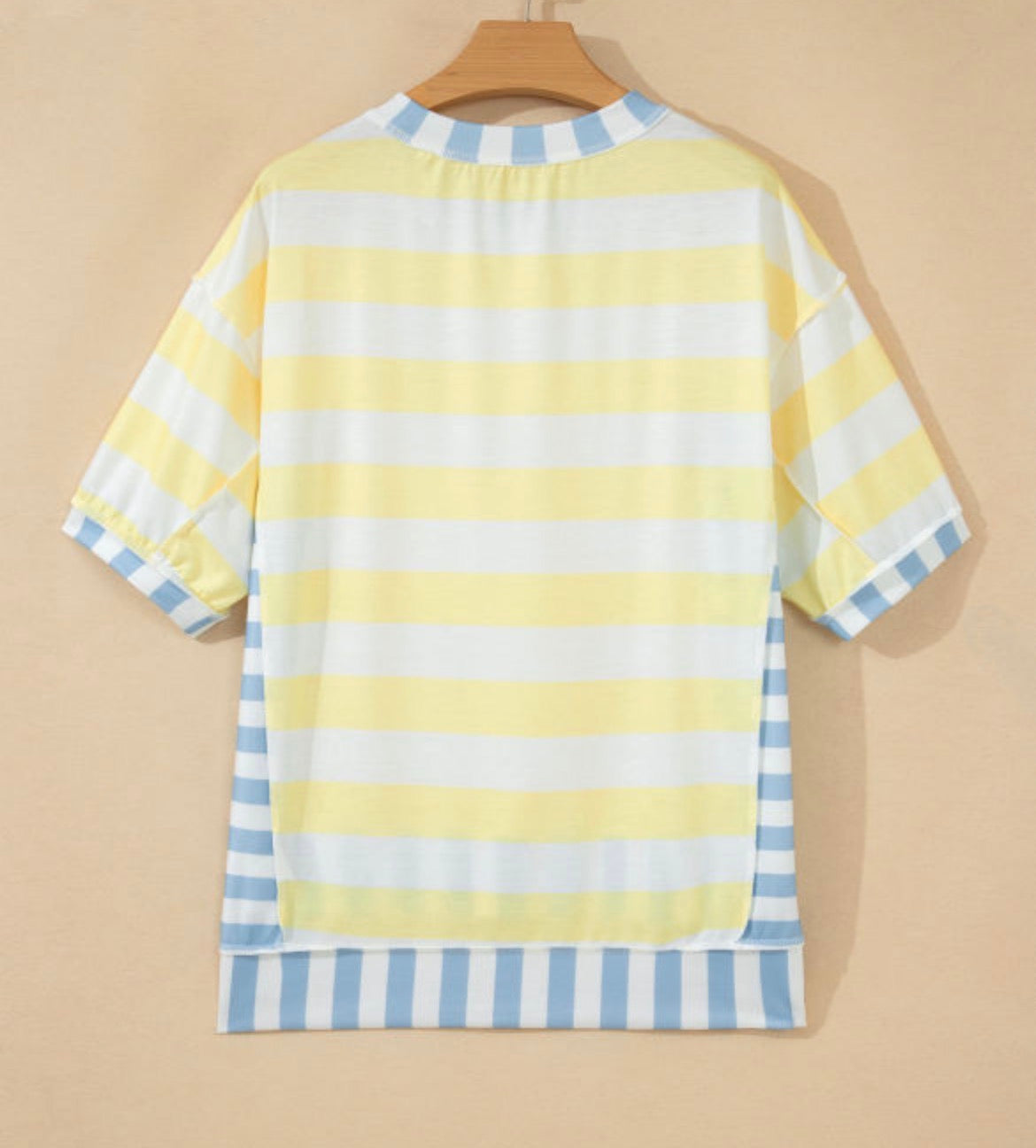 Yellow stripe exposed seam contrast patchwork oversized top