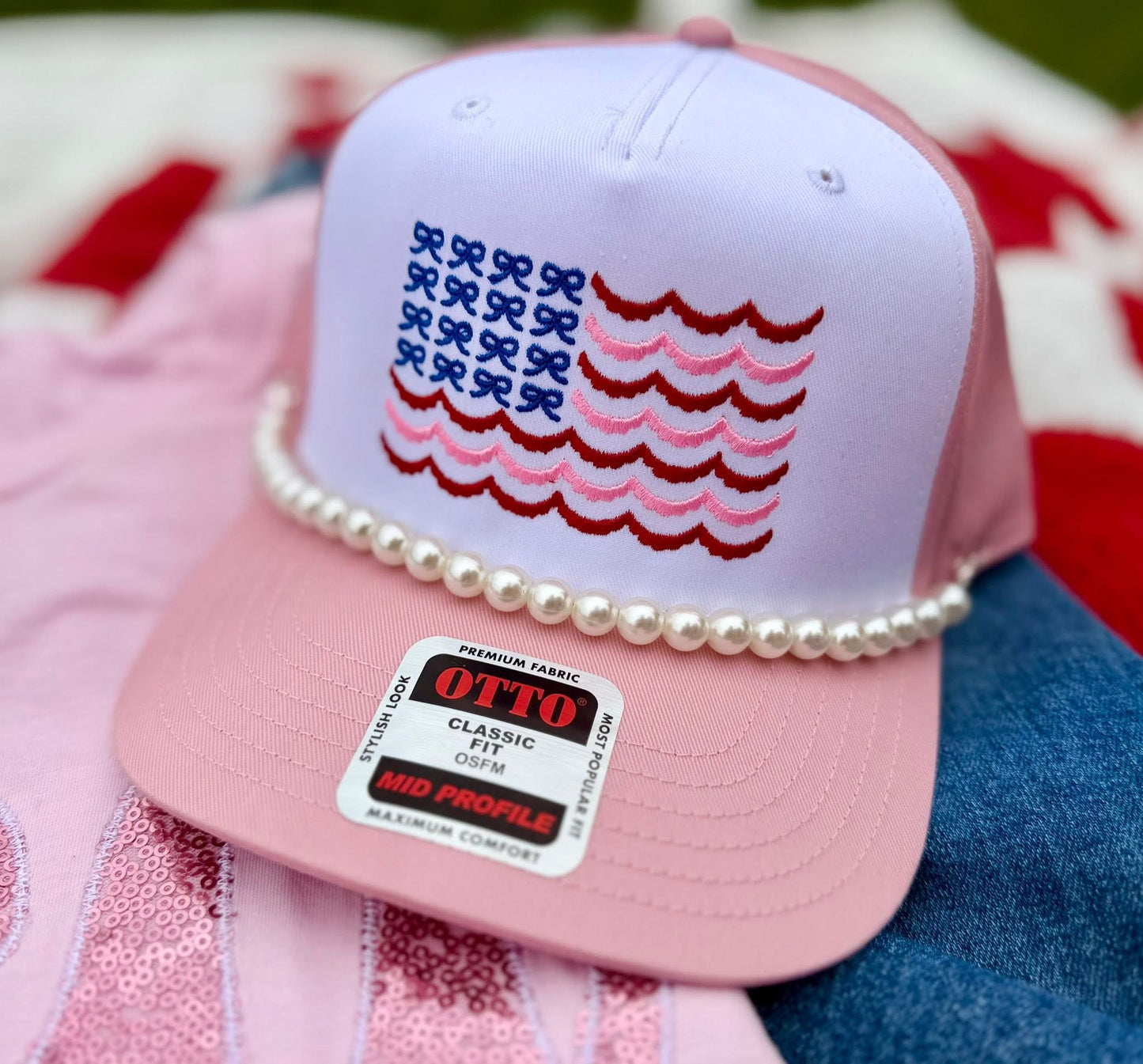 USA Bow Flag Hat with Pearl Chain