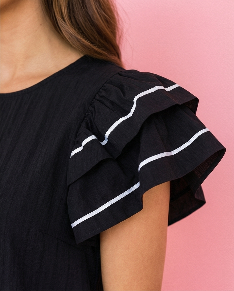 Black Contrast Trim Dual Ruffle Short Sleeve Textured Blouse