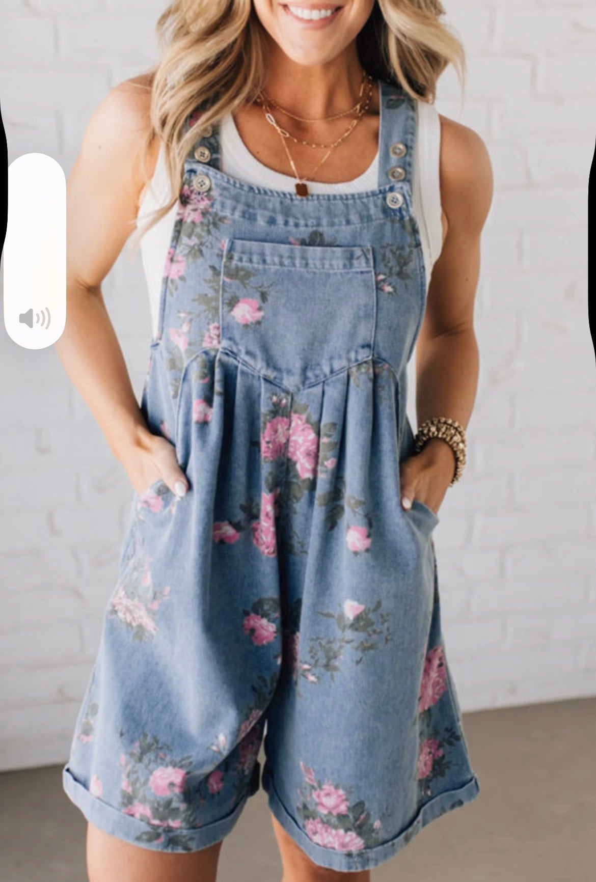 Floral print denim short overalls