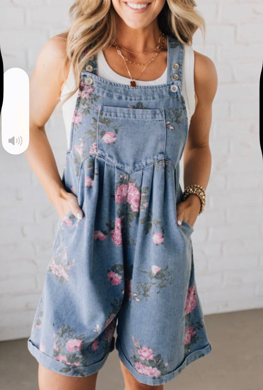 Floral print denim short overalls