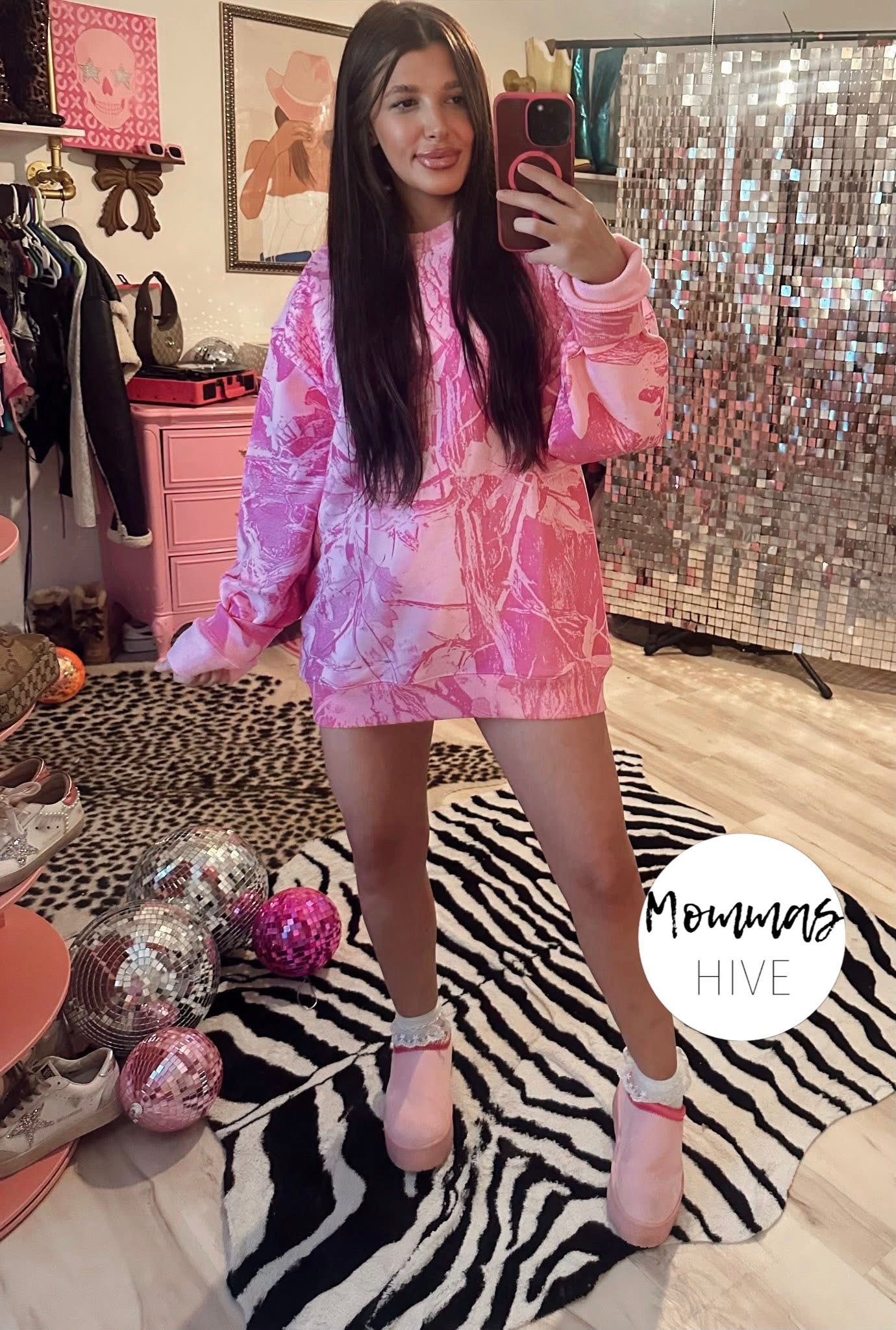 Pink camo oversized cotton crew