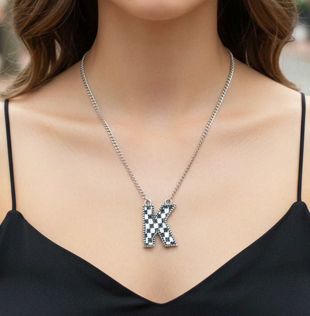 Checkered Initial Necklace - Black and White