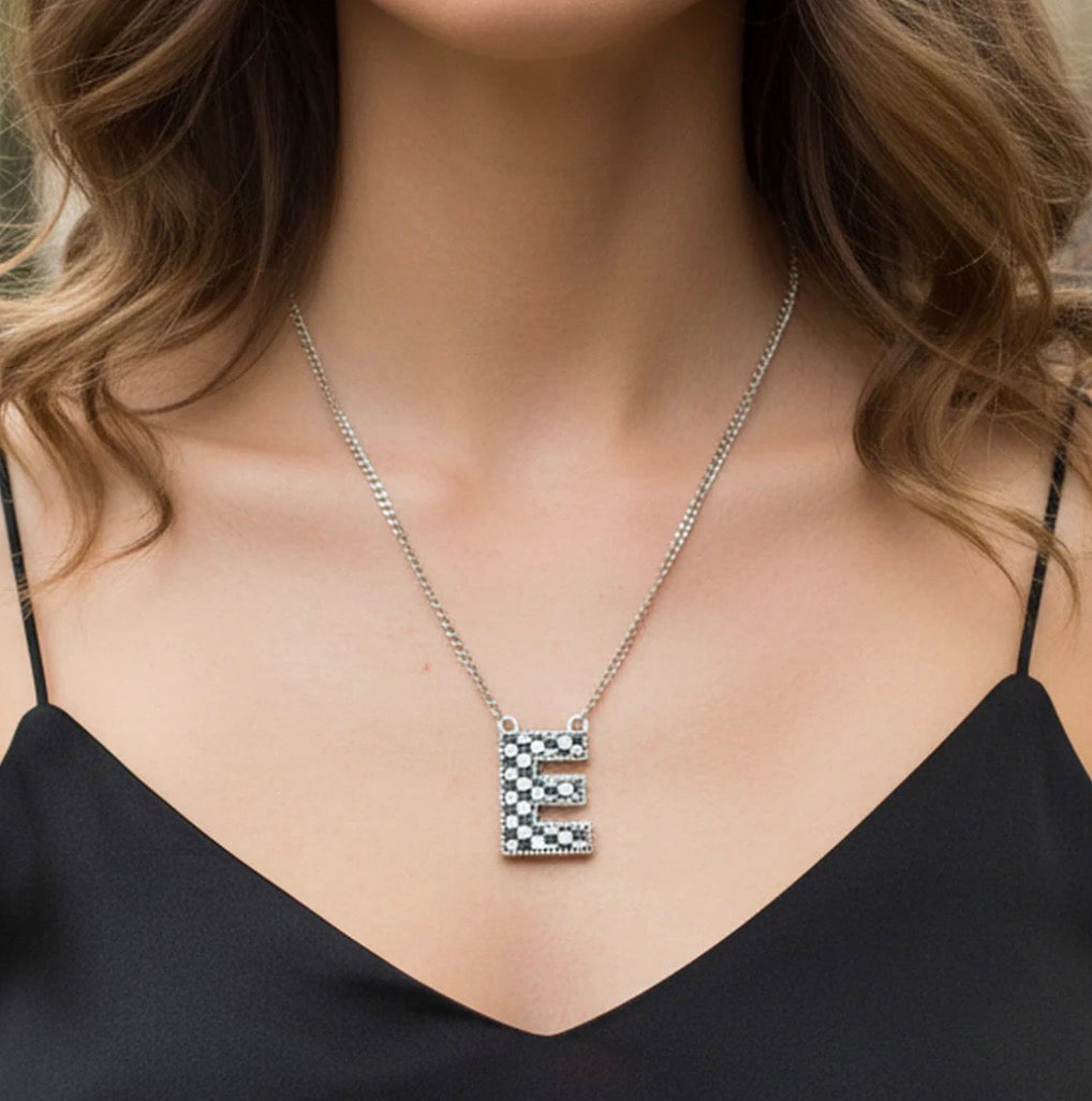 Checkered Initial Necklace - Black and White