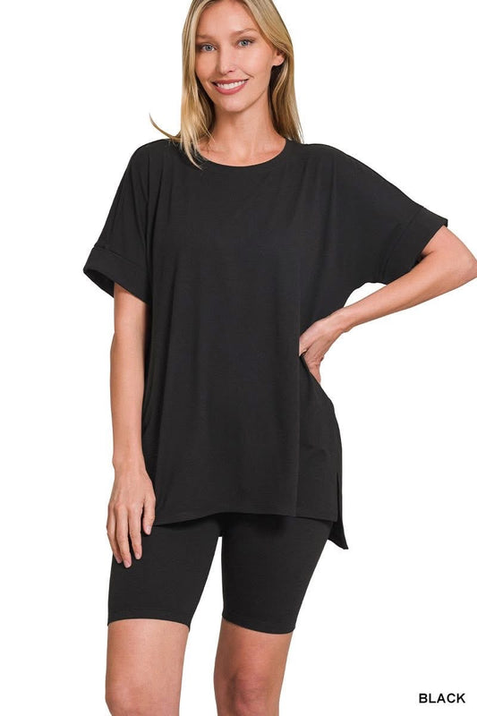 BRUSHED DTY MICROFIBER ROUND-NECK TOP & BIKER SHORTS