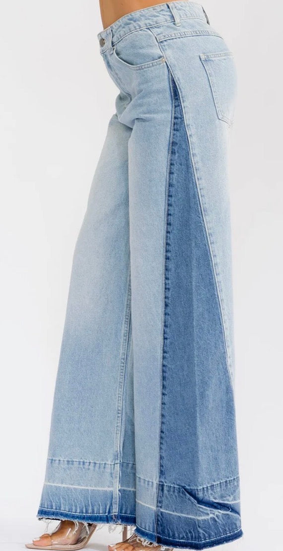Two Tone Denim Wide Leg Pants