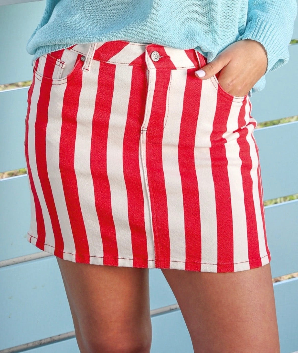 Striped Nova Denim Skirt- Red