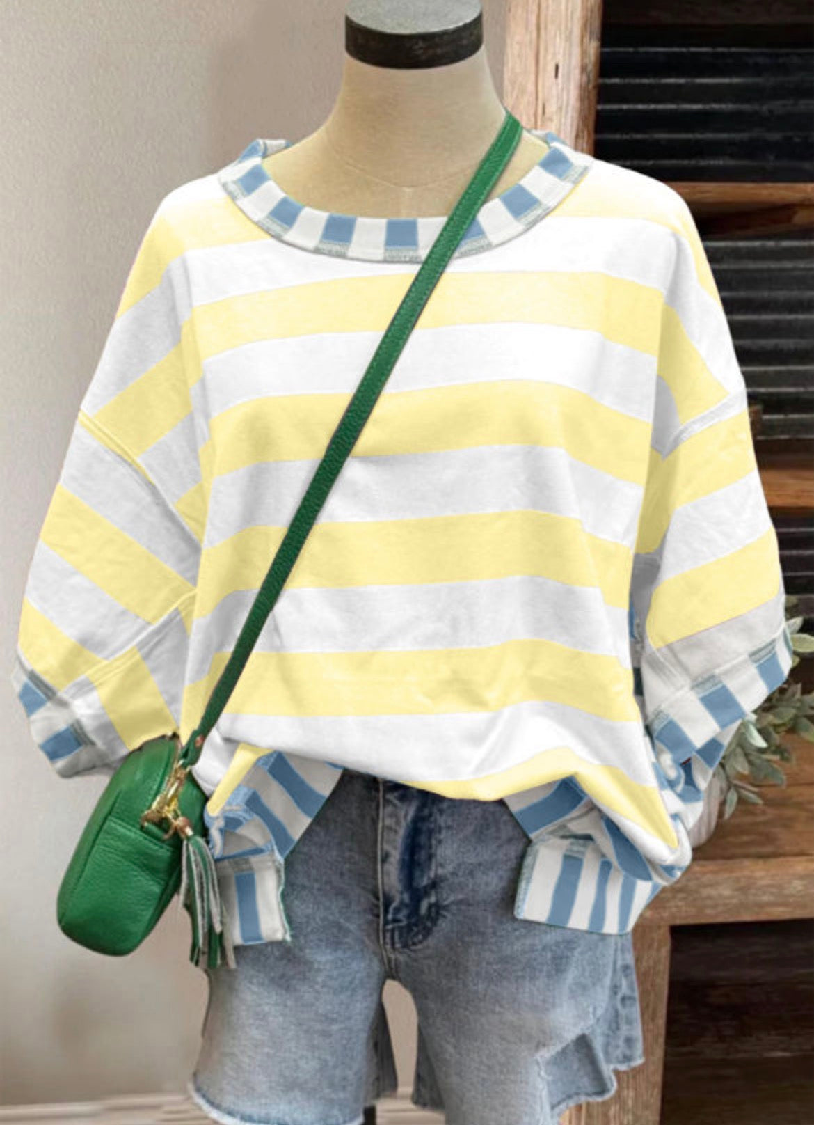 Yellow stripe exposed seam contrast patchwork oversized top