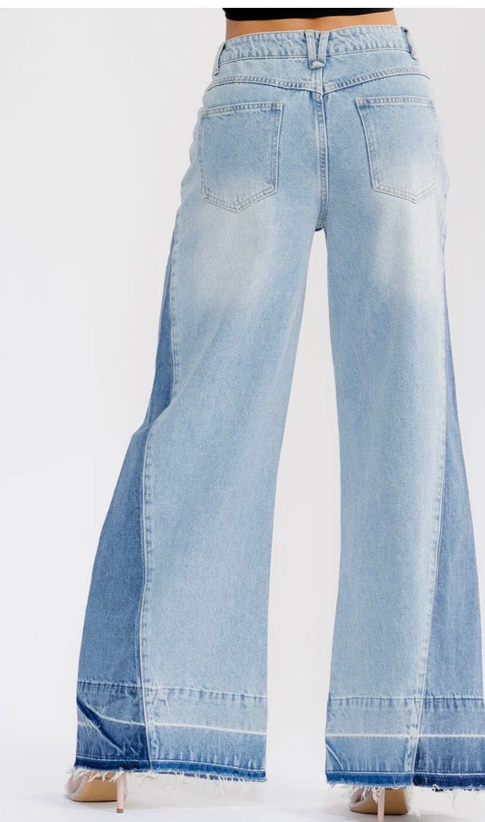 Two Tone Denim Wide Leg Pants