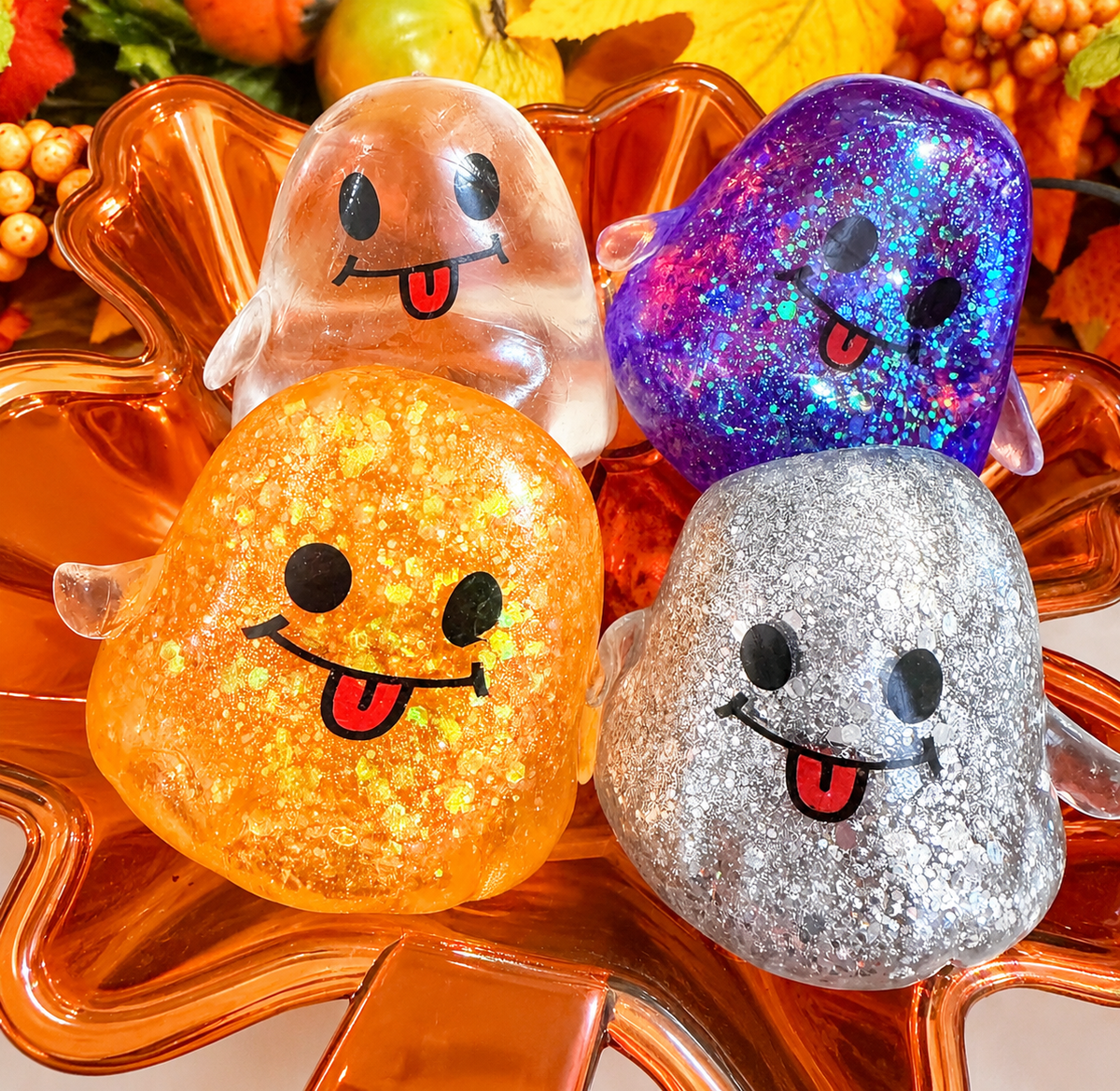 Silly Ghost Squishy by P&PD Wholesale showing a soft, squeezable ghost-shaped stress toy with a cute, playful expression.