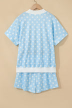 Yellow Polka Dot Print Color Block Trim Mock Neck Short Set