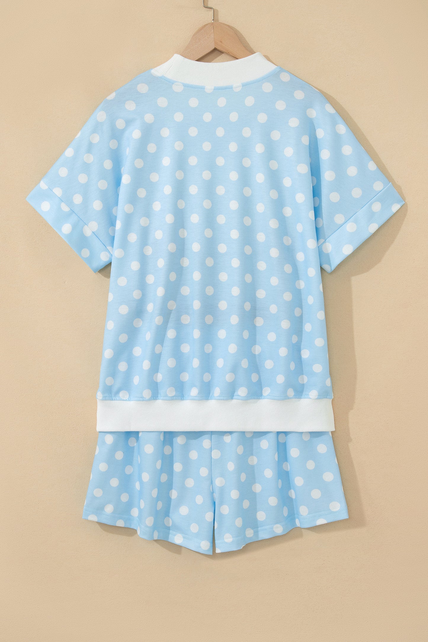 Yellow Polka Dot Print Color Block Trim Mock Neck Short Set