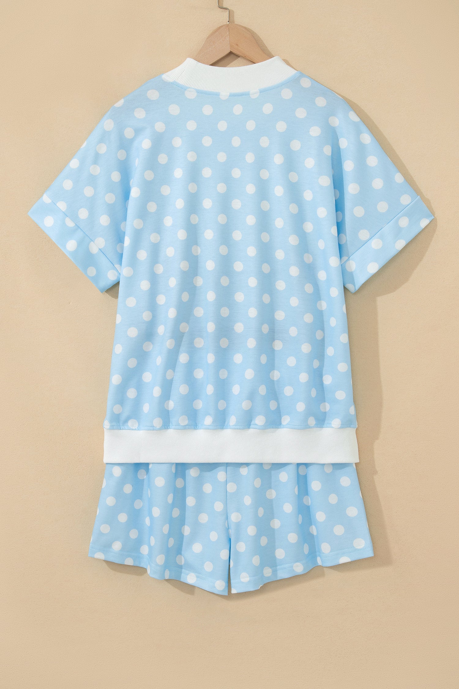 Yellow Polka Dot Print Color Block Trim Mock Neck Short Set