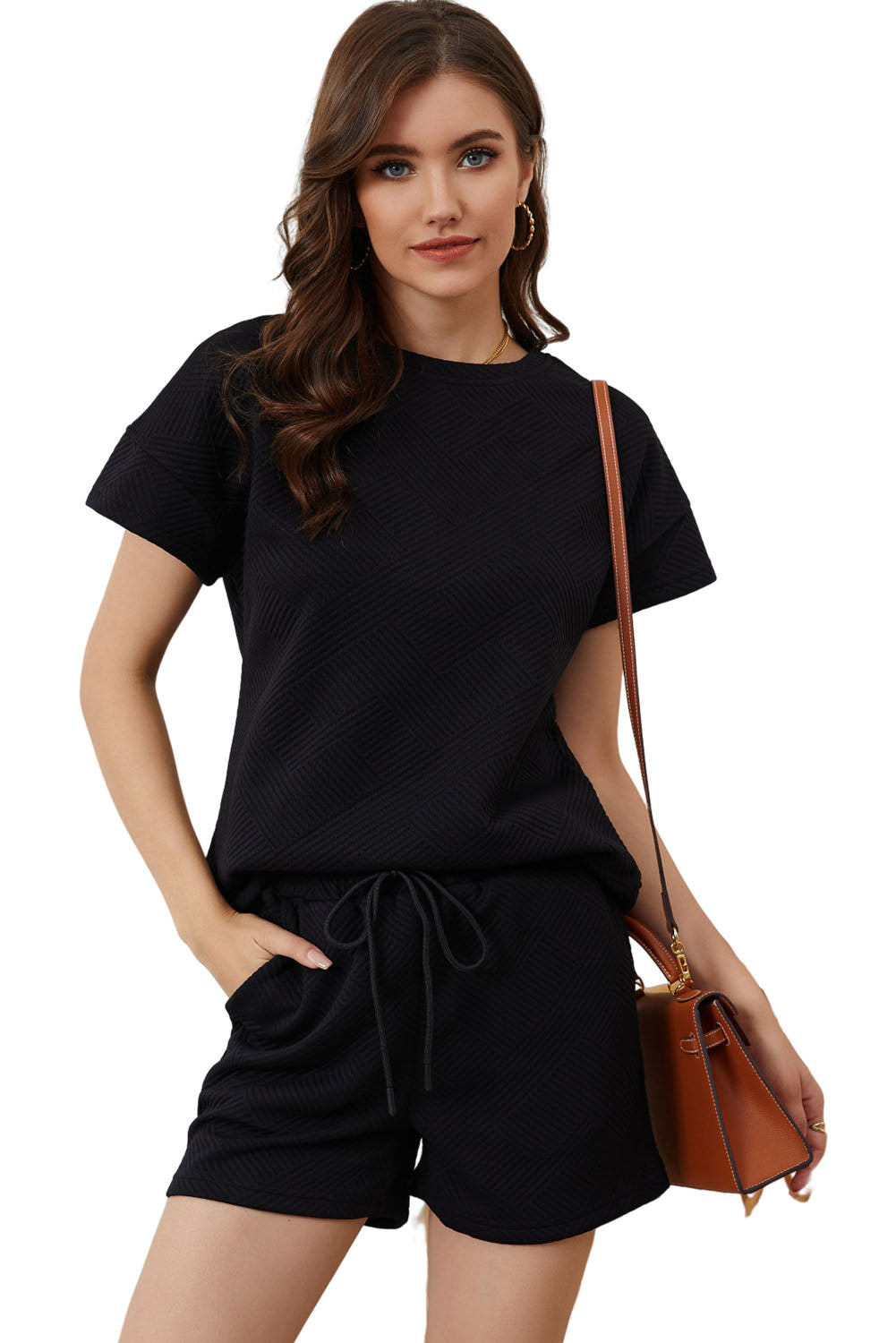 Solid Textured Drawstring Shorts Set