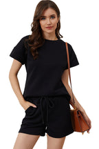 Solid Textured Drawstring Shorts Set
