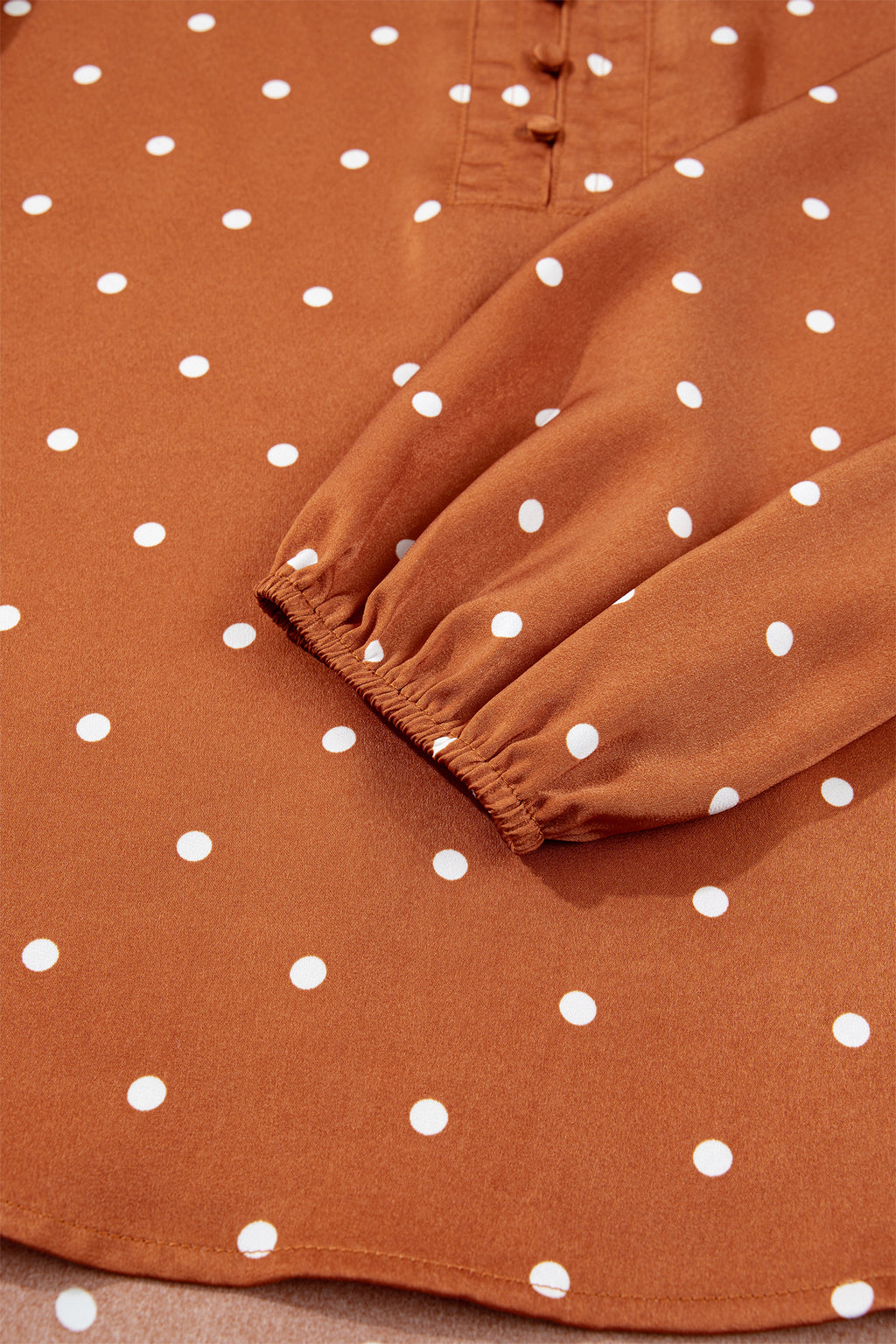 Brown Polka Dot Half Button V Neck Long Sleeve Blouse