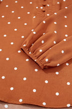 Brown Polka Dot Half Button V Neck Long Sleeve Blouse