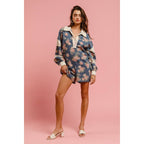 WASHED FLORAL DENIM ROMPER WITH CONTRAST COLLAR
