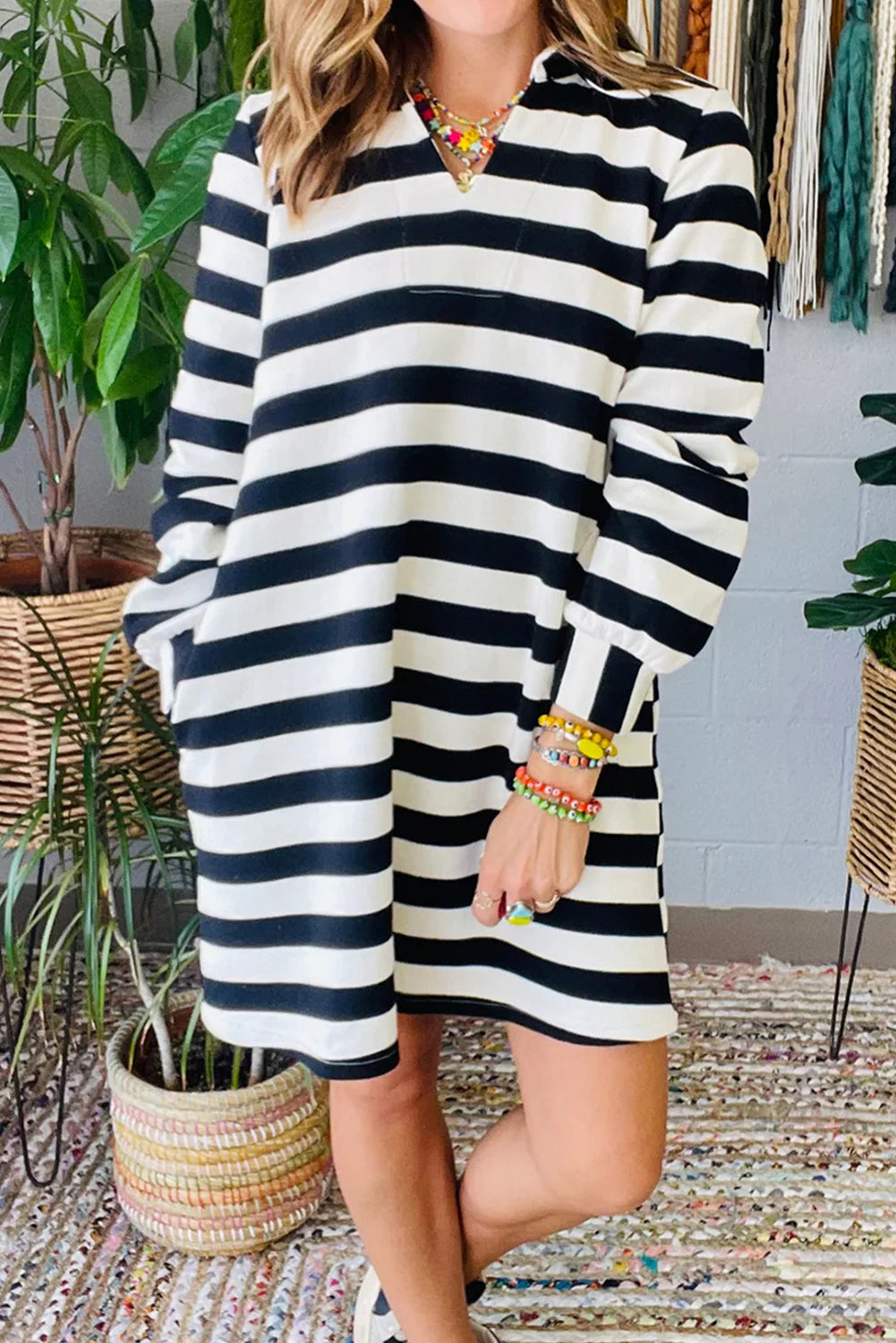 Black Stripe Polo Neck Shift Fit Sweatshirt Dress with Side Pockets