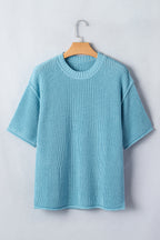 Mist Blue Exposed Seam Detail Half Sleeve Loose Sweater