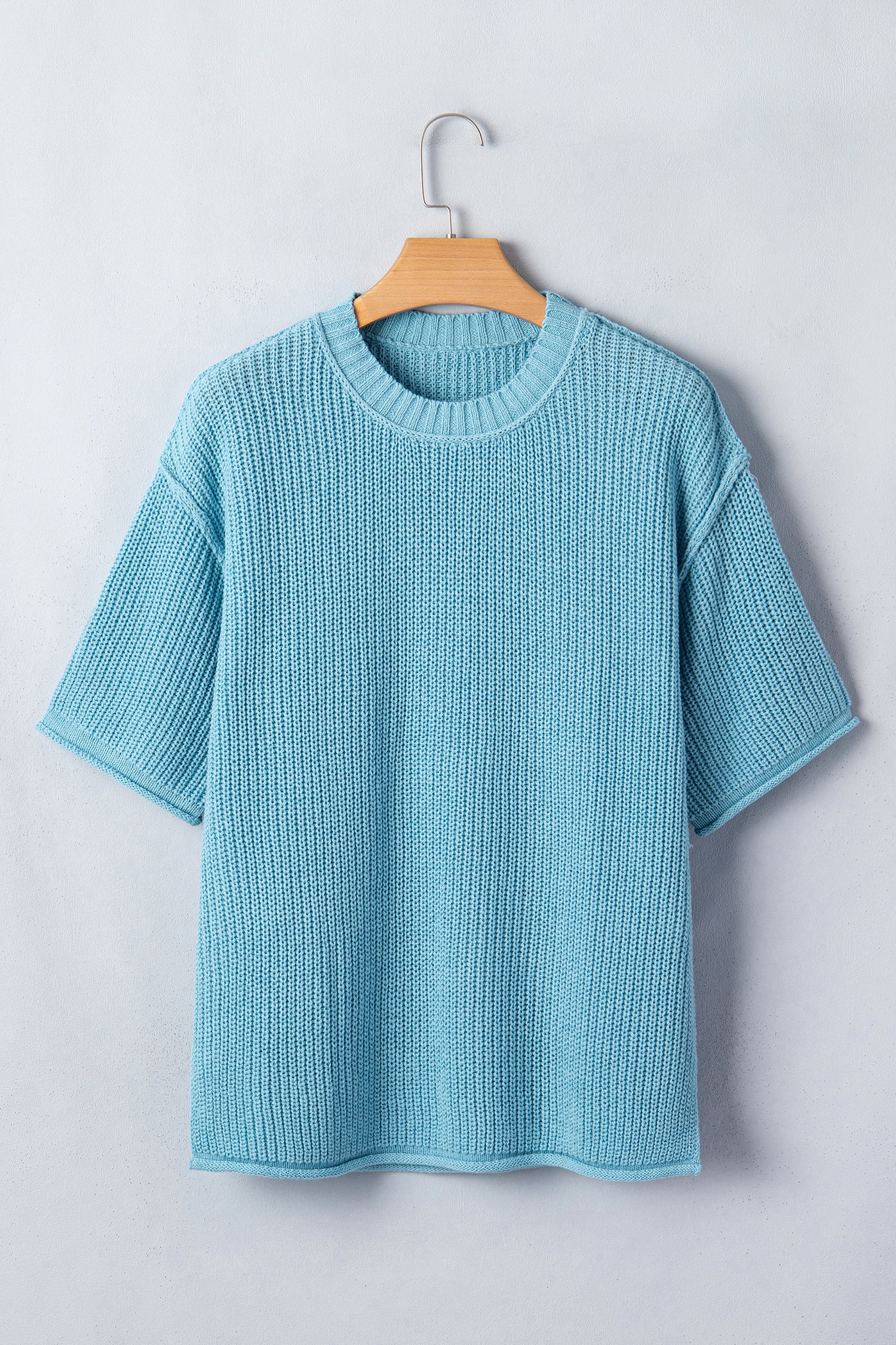 Mist Blue Exposed Seam Detail Half Sleeve Loose Sweater